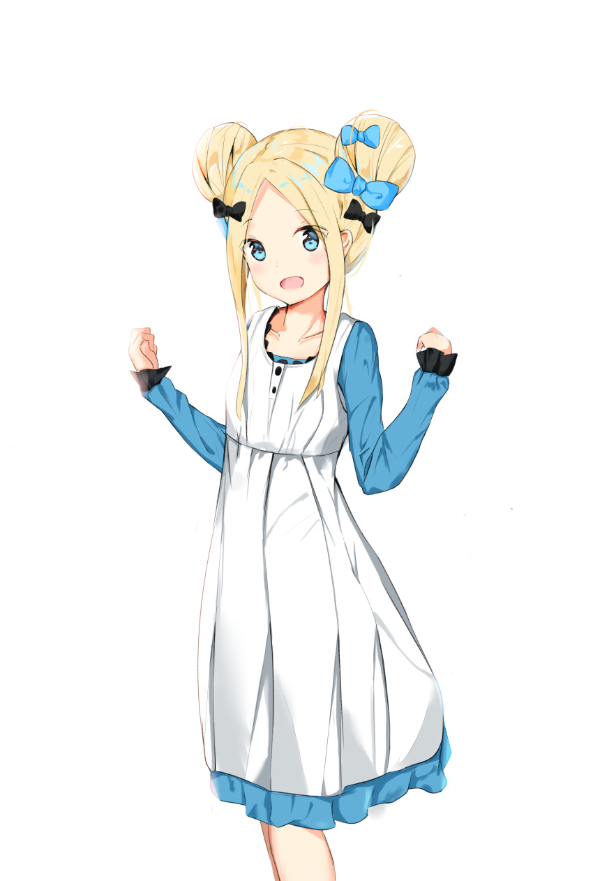 1girl :d abigail_williams_(fate/grand_order) absurdres bangs black_bow blue_bow blue_eyes blue_shirt blush bow collarbone commentary_request double_bun dress eyebrows_visible_through_hair fate/grand_order fate_(series) forehead frilled_dress frills hair_bow hands_up highres long_sleeves looking_at_viewer open_mouth parted_bangs pleated_dress shirt sidelocks simple_background sleeveless sleeveless_dress sleeves_past_wrists smile solo white_background white_dress yukaa