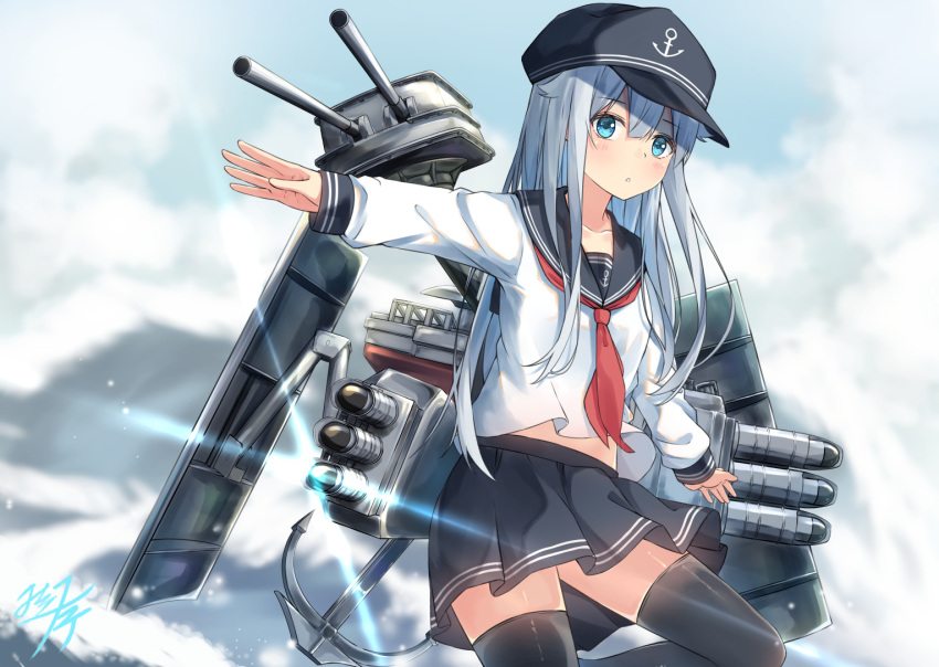 1girl anchor anchor_symbol bangs black_legwear black_skirt blue_eyes blush cannon commentary_request eyebrows_visible_through_hair flat_cap hair_between_eyes hat hibiki_(kantai_collection) kantai_collection long_hair long_sleeves looking_at_viewer machinery miko_fly neckerchief ocean open_mouth pleated_skirt red_neckwear rigging sailor_collar school_uniform serafuku silver_hair skirt smokestack solo standing thigh-highs torpedo torpedo_launcher torpedo_tubes turret water