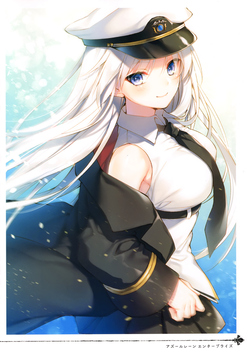 1girl absurdres azur_lane bare_shoulders belt black_coat black_neckwear black_skirt blurry breasts closed_mouth coat collared_shirt depth_of_field enterprise_(azur_lane) floating_hair hat highres large_breasts light_particles long_hair long_sleeves looking_at_viewer military_hat miniskirt motion_blur necktie off_shoulder open_clothes open_coat peaked_cap pleated_skirt scan shirt skirt sleeveless sleeveless_shirt smile solo standing toosaka_asagi upper_body very_long_hair violet_eyes white_hair white_headwear white_shirt wide_sleeves wing_collar