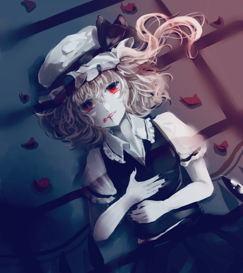 1girl black_nails black_skirt black_vest blonde_hair blood blood_from_mouth commentary_request dutch_angle evil_grin evil_smile fingernails flandre_scarlet grin hair_between_eyes hands_on_own_stomach hat hat_ribbon highres indoors limited_palette looking_at_viewer lying mob_cap on_back pale_skin petals puffy_short_sleeves puffy_sleeves red_eyes ribbon rose_petals shadow sharp_fingernails shina_(kabocha0906) shirt short_hair short_sleeves side_ponytail skirt skirt_set slit_pupils smile solo tatami touhou upper_body vest white_headwear white_shirt wings