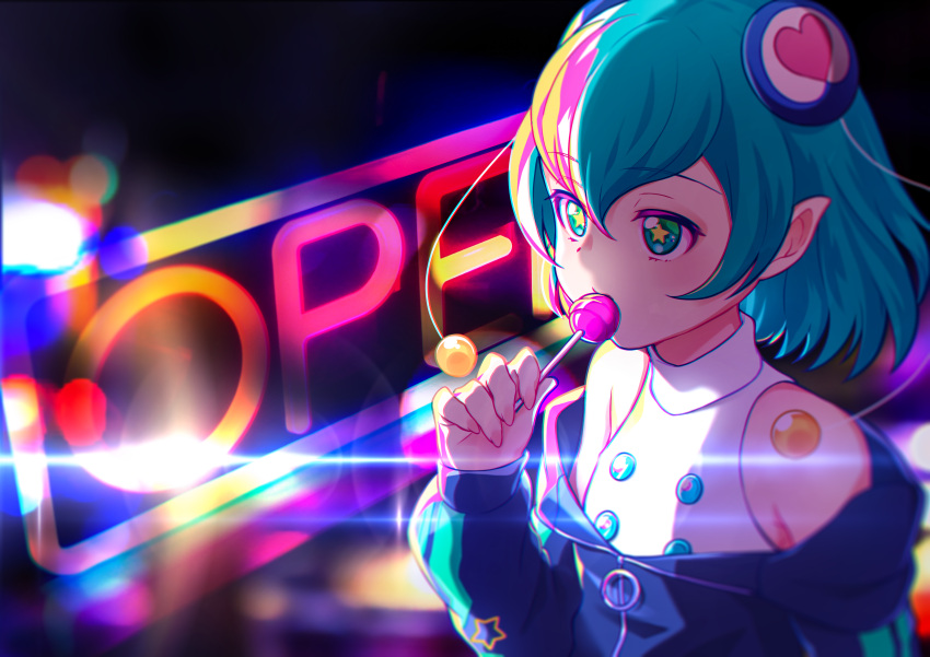 1girl absurdres antennae aqua_eyes aqua_hair bare_shoulders buttons candy casual commentary_request english_text eriko fashion food food_in_mouth hagoromo_lala hair_between_eyes hair_ornament highres jacket lens_flare lollipop long_sleeves looking_away multicolored_hair nail_polish neon_lights off_shoulder pointy_ears precure shadow short_hair sign sleeveless solo star star-shaped_pupils star_twinkle_precure streaked_hair symbol-shaped_pupils upper_body zipper