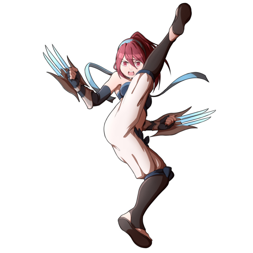 1girl bare_shoulders choker claws clenched_hands elbow_gloves eyebrows_visible_through_hair final_fantasy final_fantasy_brave_exvius fingerless_gloves flying_kick full_body gloves hair_between_eyes halter_top halterneck headband high_ponytail highres jumping kicking leg_up lila_(ffbe) looking_at_viewer mefomefo midair open_mouth open_toe_shoes outstretched_arms pants pink_eyes ponytail redhead ribbon sandals sash simple_background solo spread_arms weapon white_background