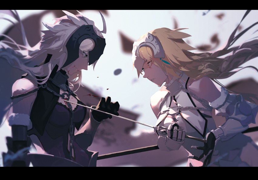 2girls ahoge armor banner blonde_hair chain fate/grand_order fate_(series) headpiece jeanne_d'arc_(alter)_(fate) jeanne_d'arc_(fate) jeanne_d'arc_(fate)_(all) letterboxed long_hair multiple_girls stabbing sword weapon white_hair wind yellow_eyes zanyak