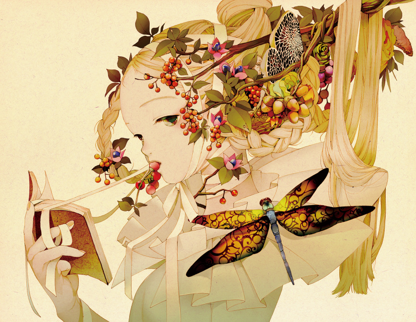 1girl acorn beige_background berries blonde_hair book braid bug chin_strap choker commentary_request dragonfly fingernails flower food_in_mouth forehead from_side green_eyes hair_flower hair_ornament hair_ribbon highres holding holding_book insect kuon_no_mori long_hair official_art ribbon simple_background solo tree_branch tsurimaki_nodoka upper_body white_ribbon