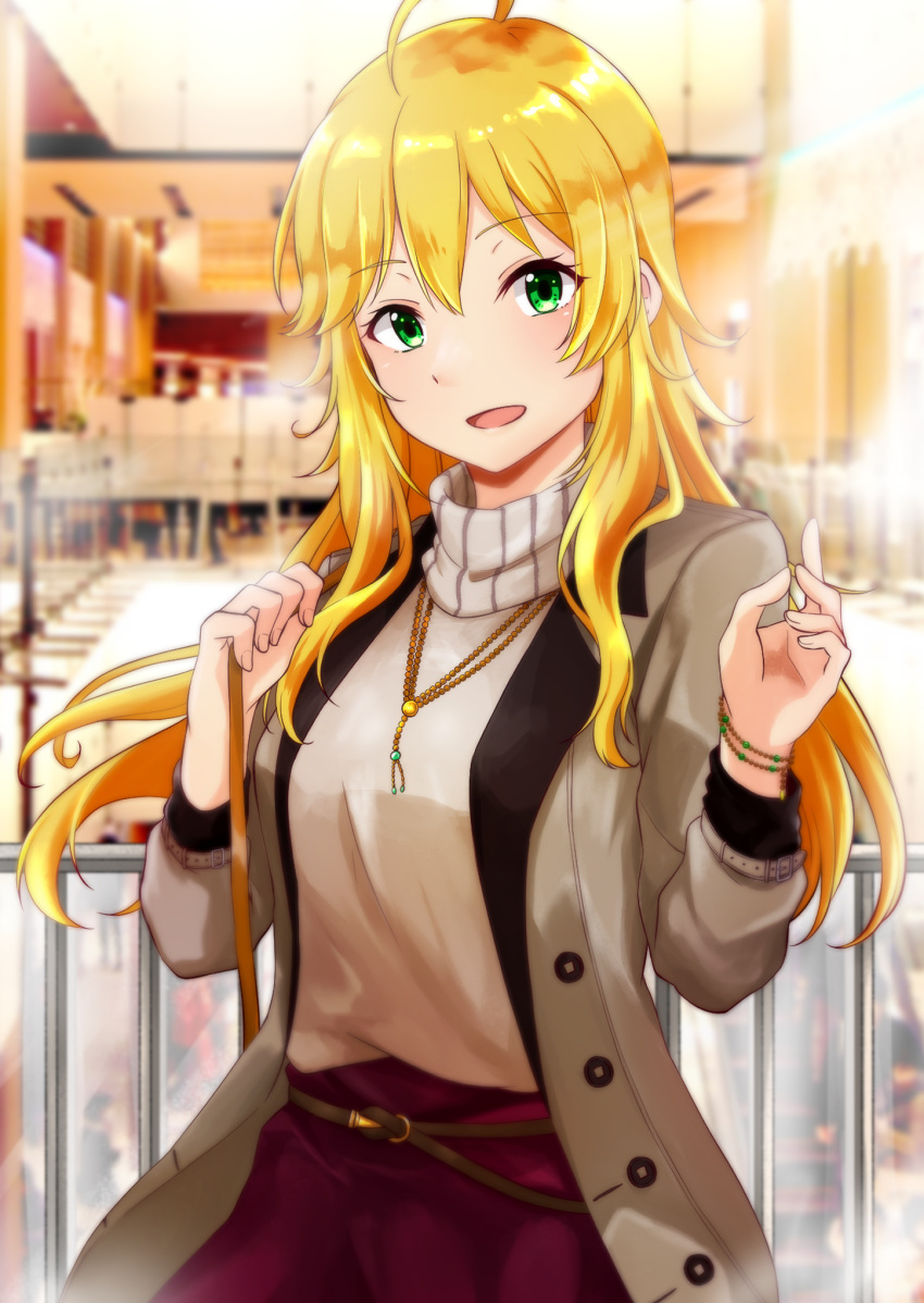 1girl ahoge blonde_hair breasts commentary_request eyebrows_visible_through_hair green_eyes hair_between_eyes highres hoshii_miki idolmaster idolmaster_million_live! jacket jewelry long_hair looking_at_viewer medium_breasts necklace open_mouth outdoors rurika_seijin skirt smile solo sweater turtleneck wristband
