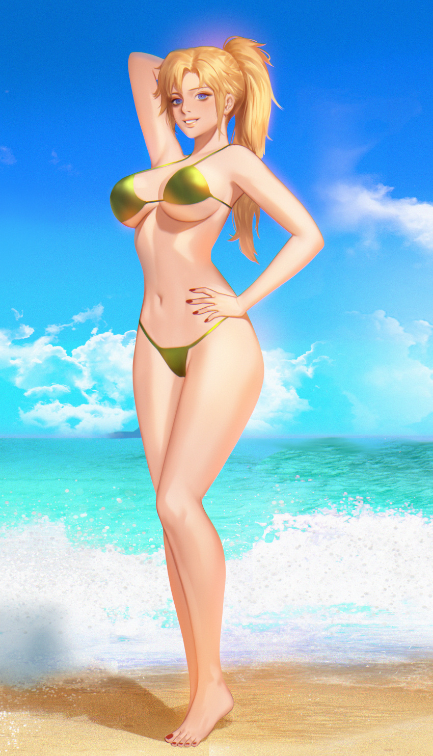 1girl absurdres arm_behind_head bangs beach bikini blue_eyes breasts clouds commission day fate/apocrypha fate/grand_order fate_(series) fusion green_bikini hand_on_hip highres huge_filesize large_breasts lips looking_at_viewer mordred_(fate) mordred_(fate)_(all) navel ocean outdoors parted_bangs parted_lips ponytail realistic red_nails sky smile solo standing string_bikini swimsuit thaumazo toenail_polish waving