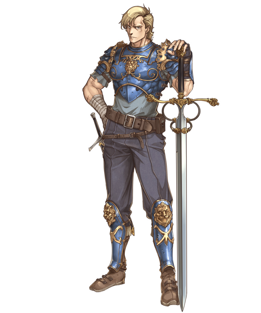 1boy alba armor belt black_gloves blonde_hair blue_armor brown_footwear fingerless_gloves fire_emblem fire_emblem:_seisen_no_keifu fire_emblem_heroes full_body gloves gold_trim greaves hand_on_hip highres holin_(fire_emblem) looking_at_viewer male_focus pants pouch simple_background solo standing sword weapon