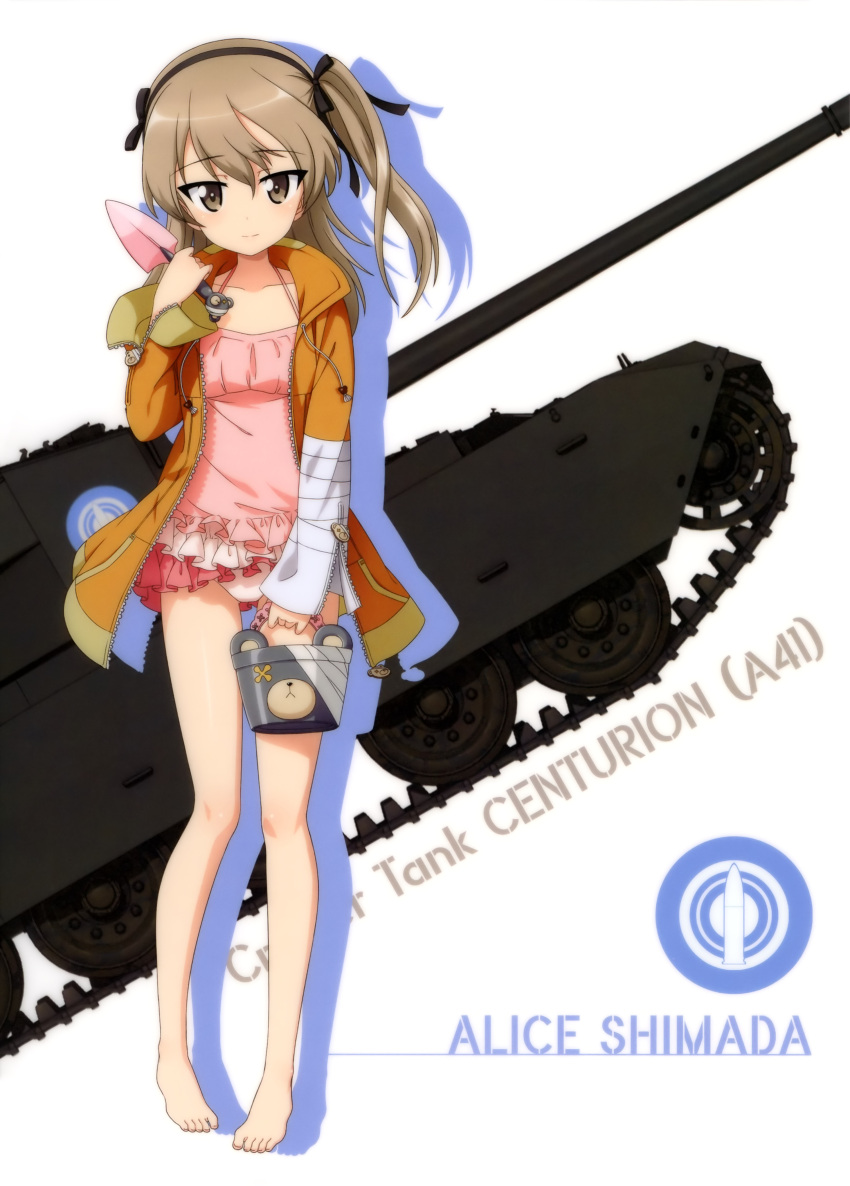 1girl absurdres barefoot black_hairband black_ribbon boko_(girls_und_panzer) brown_eyes casual_one-piece_swimsuit centurion_(tank) character_name collarbone eyebrows_visible_through_hair floating_hair full_body girls_und_panzer ground_vehicle hair_between_eyes hair_ribbon hairband highres holding jacket light_brown_hair long_hair long_sleeves looking_at_viewer military military_vehicle motor_vehicle one-piece_swimsuit orange_jacket pink_swimsuit ribbon shimada_arisu shiny shiny_hair side_ponytail solo standing swimsuit tank white_background