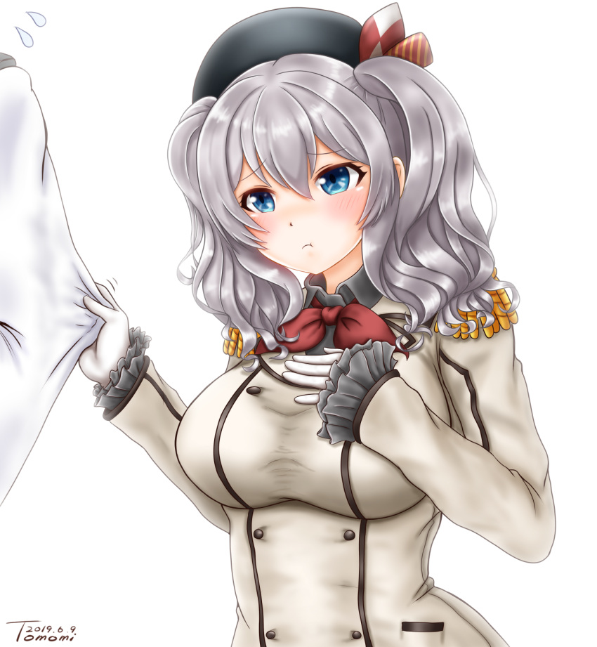 1boy 1girl admiral_(kantai_collection) beret blue_eyes blush breasts closed_mouth epaulettes eyebrows_visible_through_hair frilled_sleeves frills gloves hair_between_eyes hat highres jacket kantai_collection kashima_(kantai_collection) large_breasts long_sleeves military military_jacket military_uniform naval_uniform neckerchief red_neckwear sidelocks silver_hair simple_background twintails uniform uratomomin wavy_hair white_background white_gloves white_jacket