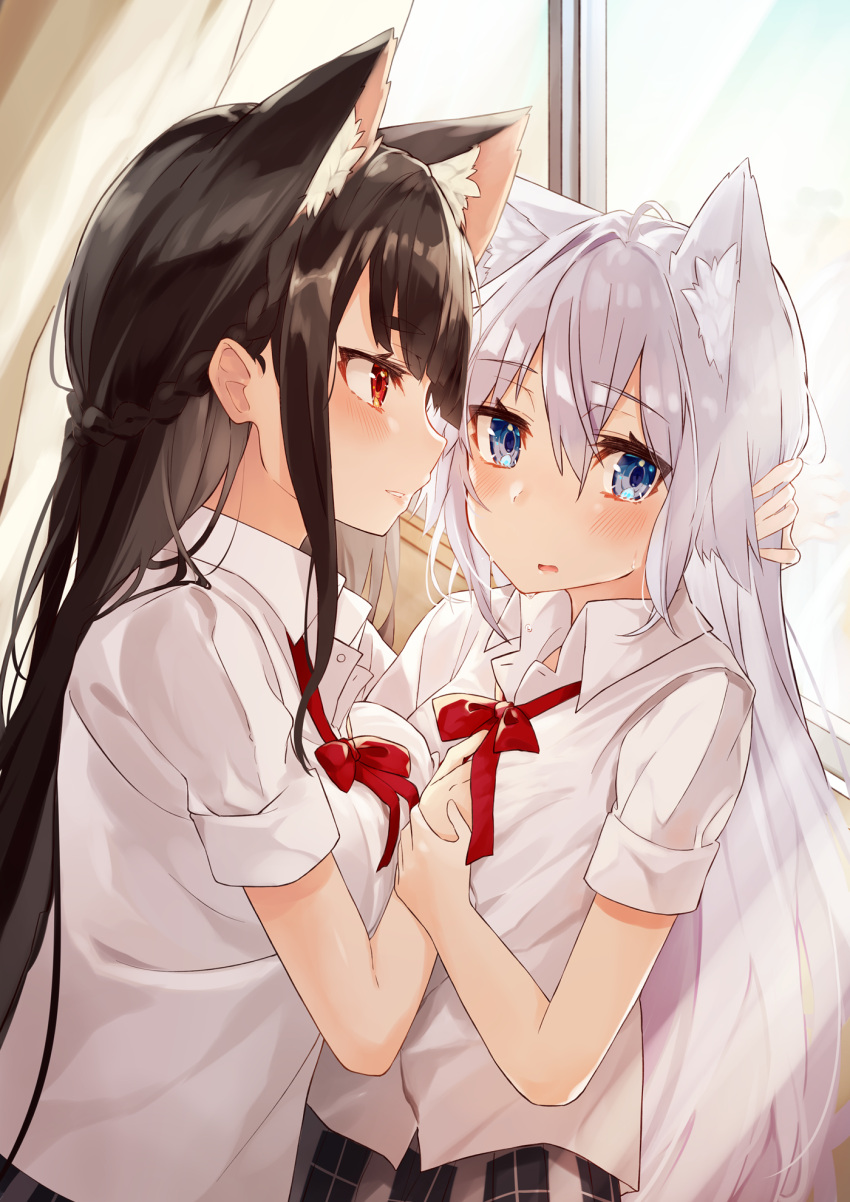2girls animal_ear_fluff animal_ears bangs black_hair black_skirt blue_eyes blush bow bowtie braid cat_ears collared_shirt commentary_request curtains eyebrows_visible_through_hair french_braid hand_on_another's_chest highres long_hair looking_at_another looking_to_the_side multiple_girls nuko_miruku open_mouth original parted_lips plaid plaid_skirt red_eyes red_neckwear shirt short_sleeves silver_hair skirt sweatdrop very_long_hair white_shirt window wrist_grab yuri