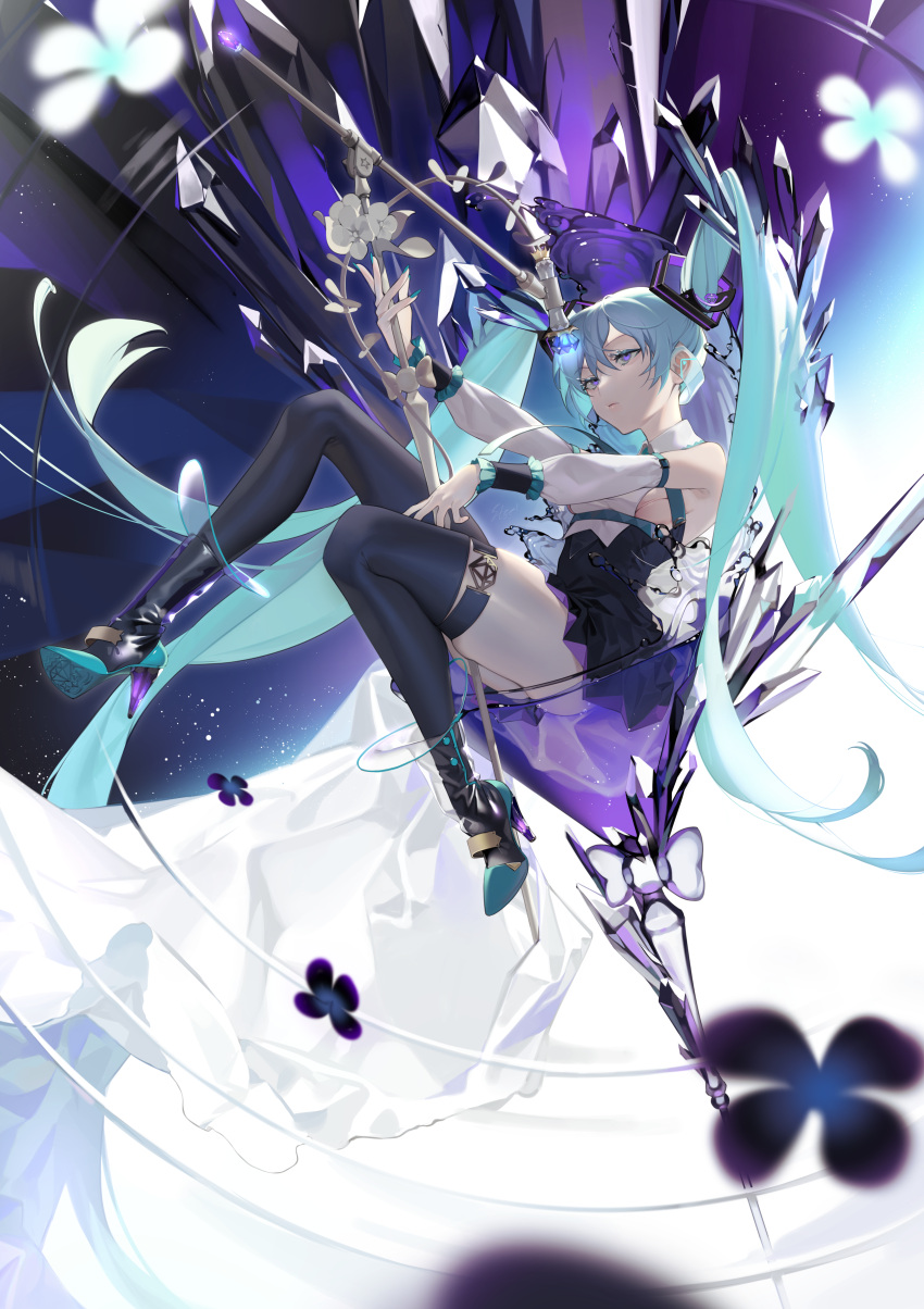 1girl absurdres air_bubble alternate_costume aqua_hair ass bangs bare_shoulders black_dress black_legwear blue_eyes blurry boots breasts bubble closed_mouth commentary_request crystal cup depth_of_field detached_sleeves dress drinking_glass expressionless full_body hair_between_eyes half-closed_eyes hatsune_miku high_heel_boots high_heels highres huge_filesize in_container knee_boots knees_up long_hair long_sleeves microphone microphone_stand ohisashiburi see-through sideboob small_breasts solo thigh-highs thighs twintails very_long_hair vocaloid white_sleeves