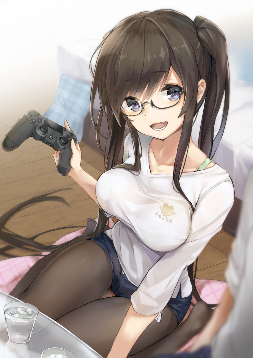 1girl :d bed black-framed_eyewear black_hair black_legwear blue_eyes blurry bra_strap breasts collarbone cruel_gz cup denim denim_shorts depth_of_field drinking_glass glasses heart highres holding_controller ice ice_cube large_breasts long_hair long_sleeves looking_at_viewer no_shoes open_mouth original pantyhose pillow plaid playstation_controller semi-rimless_eyewear shirt short_shorts shorts sidelocks sitting smile solo_focus table twintails under-rim_eyewear very_long_hair wariza water white_shirt