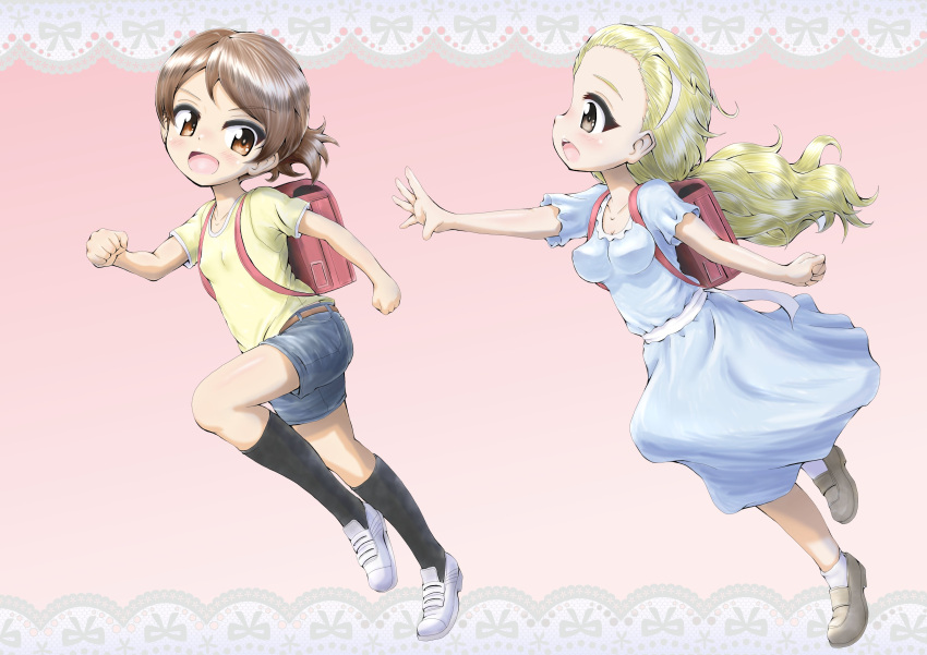 2girls :d absurdres backpack bag belt black_legwear blonde_hair blue_dress breasts brown_belt brown_eyes brown_footwear brown_hair chasing child clenched_hands commentary daxz240r doily dress eyebrows_visible_through_hair girls_und_panzer grey_shorts hairband highres kawanishi_shinobu light_blush loafers long_hair looking_at_another looking_at_viewer looking_back medium_breasts medium_dress medium_hair multiple_girls open_mouth pink_background ponytail randoseru reaching_out running sasaki_akebi shirt shoes short_ponytail short_shorts short_sleeves shorts smile socks t-shirt white_hairband white_legwear yellow_shirt younger