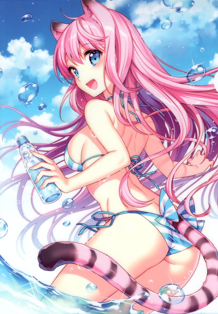 1girl absurdres animal_ears ass bangs bare_arms bare_shoulders bikini blue_eyes blue_sky blush bottle breasts cat_ears cat_tail clouds cloudy_sky day eyebrows_visible_through_hair fingernails highres holding long_hair looking_at_viewer looking_back medium_breasts nardack open_mouth original outdoors pink_hair shiny shiny_hair side-tie_bikini sky smile solo striped striped_bikini swimsuit tail thighs wading water water_bottle water_drop wet