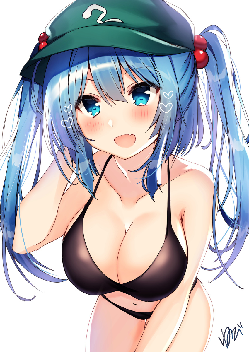 1girl :d absurdres artist_name bangs bare_arms bare_shoulders bikini black_bikini blue_hair blush breasts cabbie_hat collarbone commentary_request eyebrows_visible_through_hair fang green_headwear hair_between_eyes hair_bobbles hair_ornament halterneck hand_in_hair hand_up hat heart highres kawashiro_nitori large_breasts leaning_forward long_hair navel nenobi_(nenorium) open_mouth signature simple_background skin_fang smile solo stomach swimsuit touhou translated two_side_up white_background