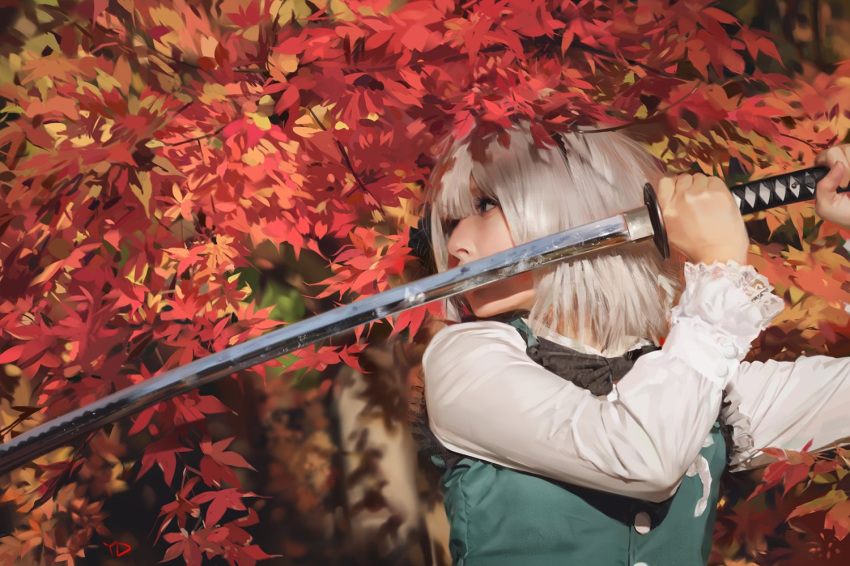 1girl autumn_leaves commentary_request derivative_work green_vest holding holding_sword holding_weapon katana konpaku_youmu long_sleeves metal photorealistic shirt short_hair silver_hair sword touhou vest weapon yang-do