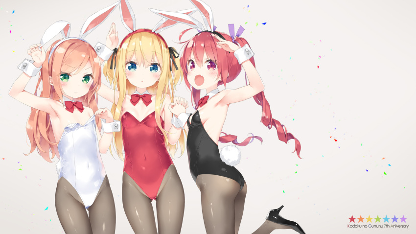 3girls :d :o ahoge animal_ears anniversary arm_up ass bangs black_footwear black_hairband black_leotard black_ribbon blonde_hair blue_eyes blush bow bowtie breasts brown_hair bunny_girl bunny_tail bunnysuit closed_mouth collar commentary_request covered_navel detached_collar eyebrows_visible_through_hair fake_animal_ears fang fingernails flat_chest green_eyes grey_background grey_legwear groin hair_between_eyes hair_ribbon hairband hazuki_watora high_heels highres holding_hands leotard long_hair looking_at_viewer minazuki_sarami multiple_girls open_mouth original pantyhose parted_lips peko purple_ribbon rabbit_ears red_hairband red_leotard red_neckwear redhead ribbon ringlets shimotsuki_potofu shoes small_breasts smile standing standing_on_one_leg star tail thighs twintails two_side_up very_long_hair violet_eyes white_collar white_hairband white_leotard wrist_cuffs