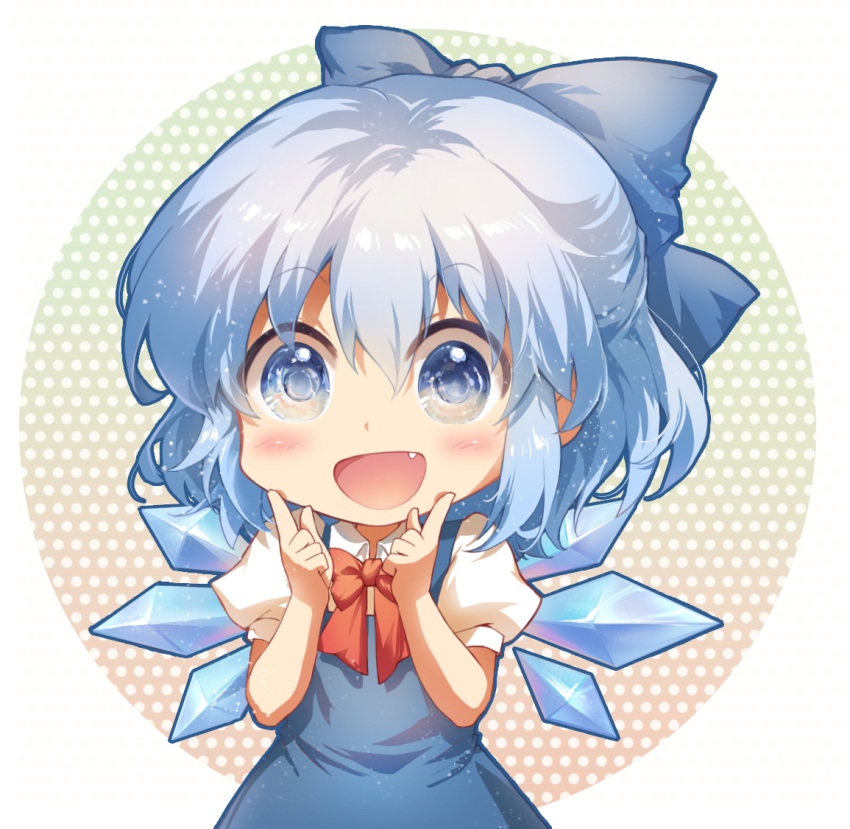 1girl :d bangs blue_bow blue_dress blue_eyes blue_hair blush bow bowtie chibi chinese_commentary circle cirno commentary_request cowboy_shot dress eyebrows_visible_through_hair fang hair_between_eyes hair_bow hands_up ice ice_wings index_fingers_raised looking_at_viewer open_mouth pinafore_dress puffy_short_sleeves puffy_sleeves red_bow red_neckwear shangguan_feiying shirt short_hair short_sleeves sidelocks smile solo touhou white_background white_shirt wings