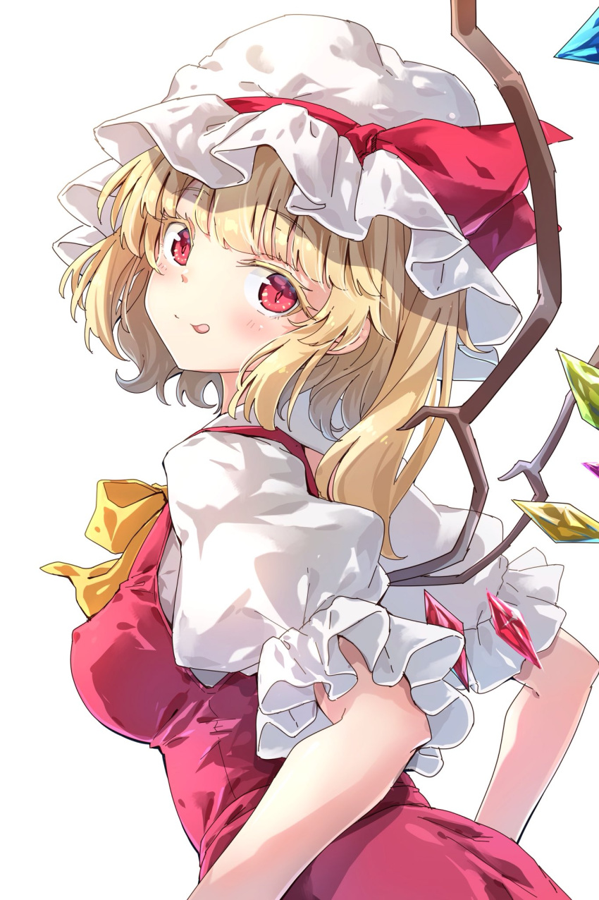 1girl :q bangs blonde_hair blush bow bowtie breasts colored_eyelashes commentary_request covered_nipples crystal darjeeling_(reley) eyebrows_visible_through_hair flandre_scarlet hat hat_ribbon head_tilt highres long_hair looking_at_viewer medium_breasts mob_cap one_side_up puffy_short_sleeves puffy_sleeves red_eyes red_ribbon red_skirt red_vest ribbon shirt short_sleeves sidelocks simple_background skirt skirt_set solo tongue tongue_out touhou upper_body vest white_background white_headwear white_shirt wings yellow_bow yellow_neckwear