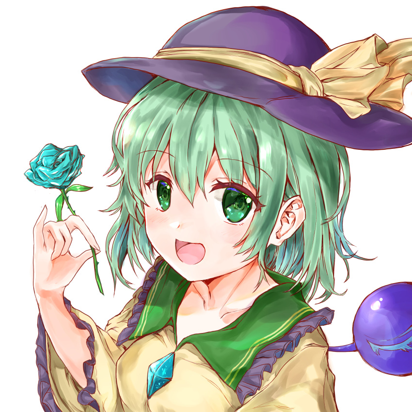 1girl :d arm_up blouse blue_flower blue_rose breasts collarbone commentary_request eyebrows_visible_through_hair flower frilled_shirt_collar frilled_sleeves frills green_eyes green_hair hair_between_eyes hat hat_ribbon highres holding holding_flower ikazuchi_akira komeiji_koishi long_sleeves looking_at_viewer medium_breasts open_mouth pinky_out ribbon rose short_hair simple_background smile solo standing third_eye touhou upper_body white_background yellow_blouse