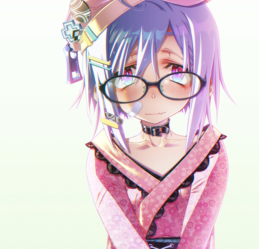 1girl bandaid bandaid_on_face bangs blush close-up collar collarbone eyebrows_visible_through_hair face freckles glasses hair_between_eyes hair_ornament hairclip hat highres japanese_clothes kimono looking_at_viewer obi original purple_hair red_eyes sakuya_tsuitachi sash short_hair solo white_background