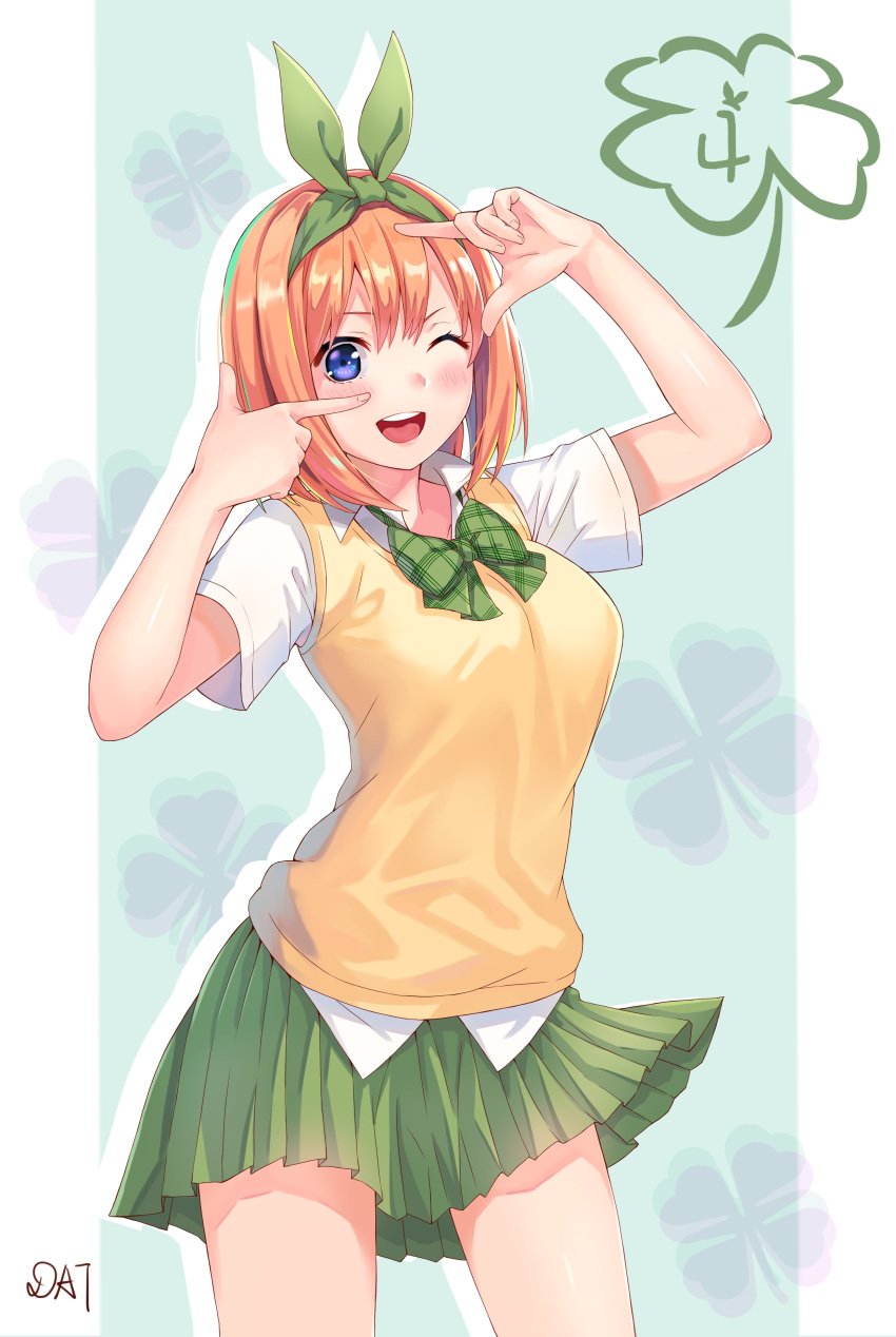 1girl ;d absurdres blonde_hair blue_background blue_eyes blush bow collared_shirt cowboy_shot da-cart dress_shirt go-toubun_no_hanayome green_bow green_hairband green_neckwear green_skirt hair_bow hairband highres looking_at_viewer miniskirt nakano_yotsuba one_eye_closed open_mouth plaid_neckwear pleated_skirt shiny shiny_hair shiny_skin shirt short_hair short_sleeves signature skirt smile solo standing sweater sweater_vest white_background white_shirt wing_collar yellow_sweater