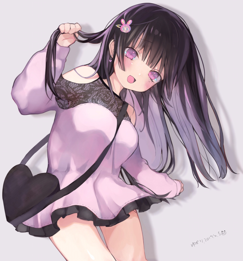 1girl :d artist_name bag bangs bare_shoulders black_bag black_hair blunt_bangs blush breasts bunny_hair_ornament commentary_request cowboy_shot dated dress earrings eyebrows_visible_through_hair frilled_dress frills grey_background hair_ornament hairclip heart heart-shaped_bag heart_earrings highres hime_cut holding holding_hair jewelry lace lace-trimmed_dress long_hair long_sleeves medium_breasts multicolored_hair open_mouth original pink_dress pink_eyes pink_hair short_dress shoulder_cutout smile solo two-tone_hair yukari_(rihenara_doll)