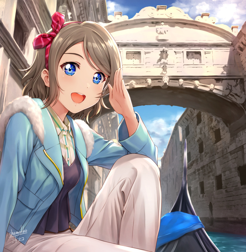 1girl bangs blue_eyes clouds fur_trim grey_hair headband highres jacket looking_at_viewer love_live! love_live!_sunshine!! open_mouth outdoors pants plaid salute shamakho signature smile watanabe_you water watercraft white_pants