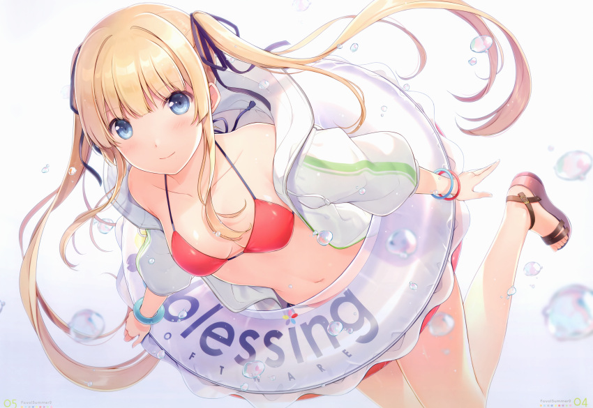 1girl 6u_(eternal_land) absurdres bangs bare_shoulders bikini blonde_hair blue_eyes bracelet breasts collarbone highres innertube jewelry long_hair navel red_bikini saenai_heroine_no_sodatekata sawamura_spencer_eriri scan see-through shiny shiny_hair simple_background small_breasts solo stomach swimsuit twintails