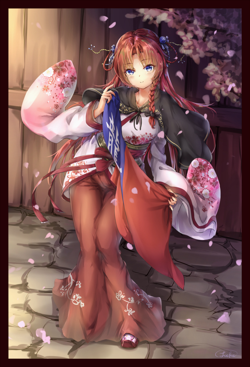 1girl alternate_costume bangs black_border black_cape blue_eyes border braid cape cherry_blossom_print cherry_blossoms chinese_clothes collarbone commentary_request fii_fii_(feefeeowo) floral_print hair_ornament hair_rings hanfu head_tilt highres hong_meiling light_blush light_smile long_hair long_skirt looking_at_viewer parted_bangs petals redhead shirt side_braid skirt solo touhou very_long_hair white_shirt