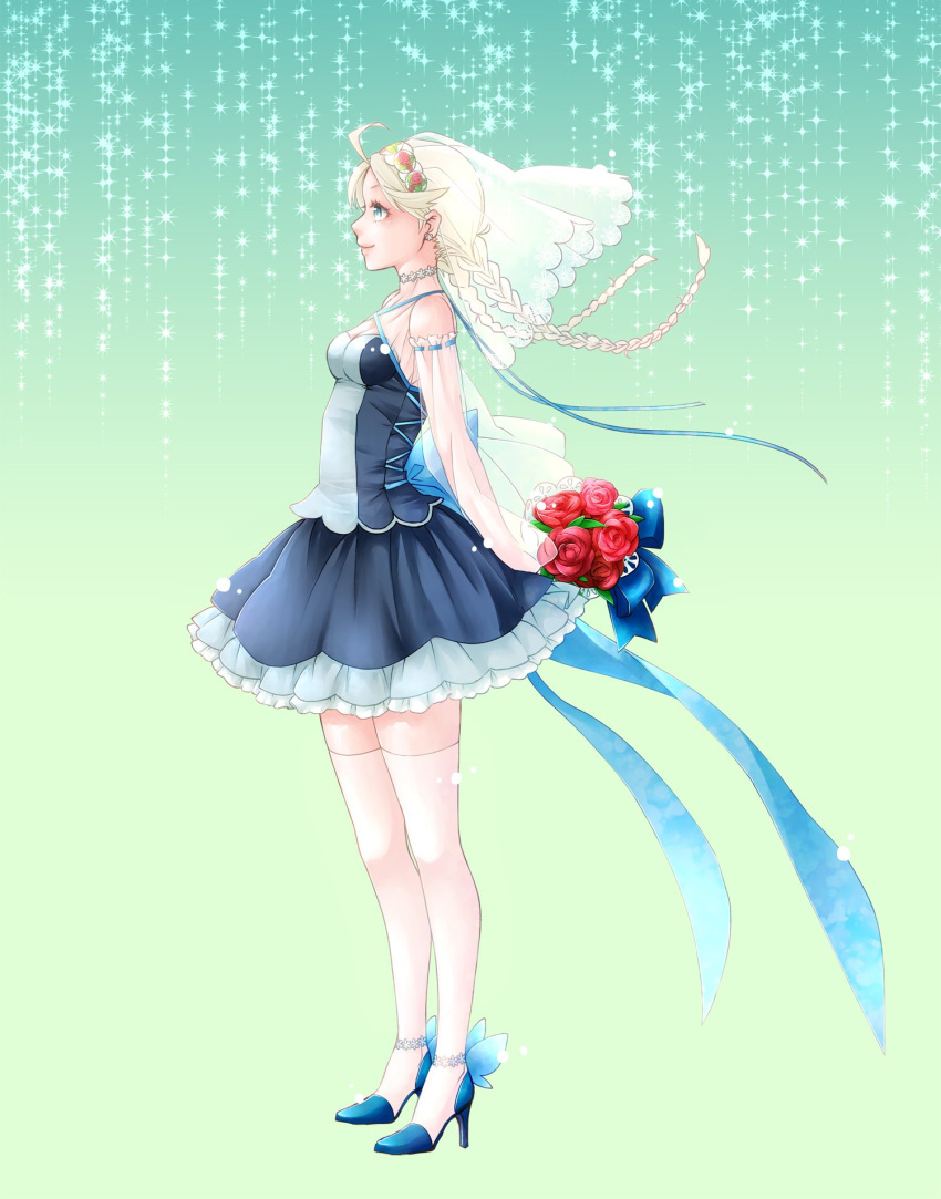 1girl ahoge alternate_costume bouquet braid closed_mouth dress earrings ebi_puri_(ebi-ebi) eponine_(fire_emblem_if) fire_emblem fire_emblem_heroes fire_emblem_if flower from_side gradient gradient_background high_heels highres holding holding_bouquet jewelry see-through simple_background smile solo sparkle thigh-highs twin_braids veil wedding_dress white_hair