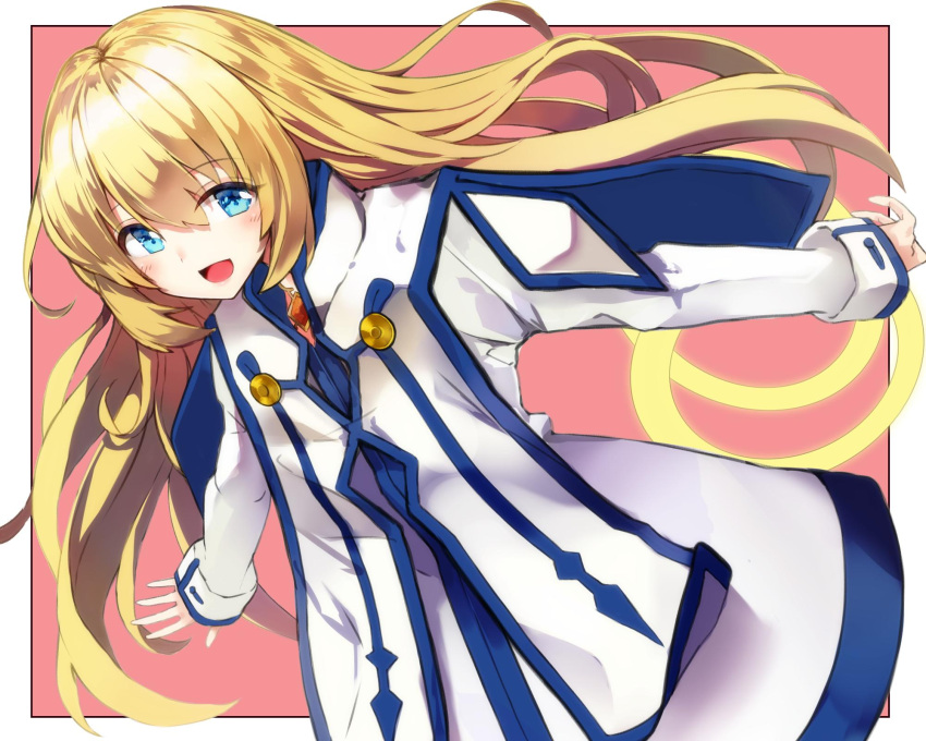 1girl bangs bbci blonde_hair blue_eyes blush choker collet_brunel commentary dress dutch_angle hair_between_eyes highres jewelry long_hair long_sleeves looking_at_viewer pantyhose pink_background ring simple_background smile solo tales_of_(series) tales_of_symphonia weapon white_dress
