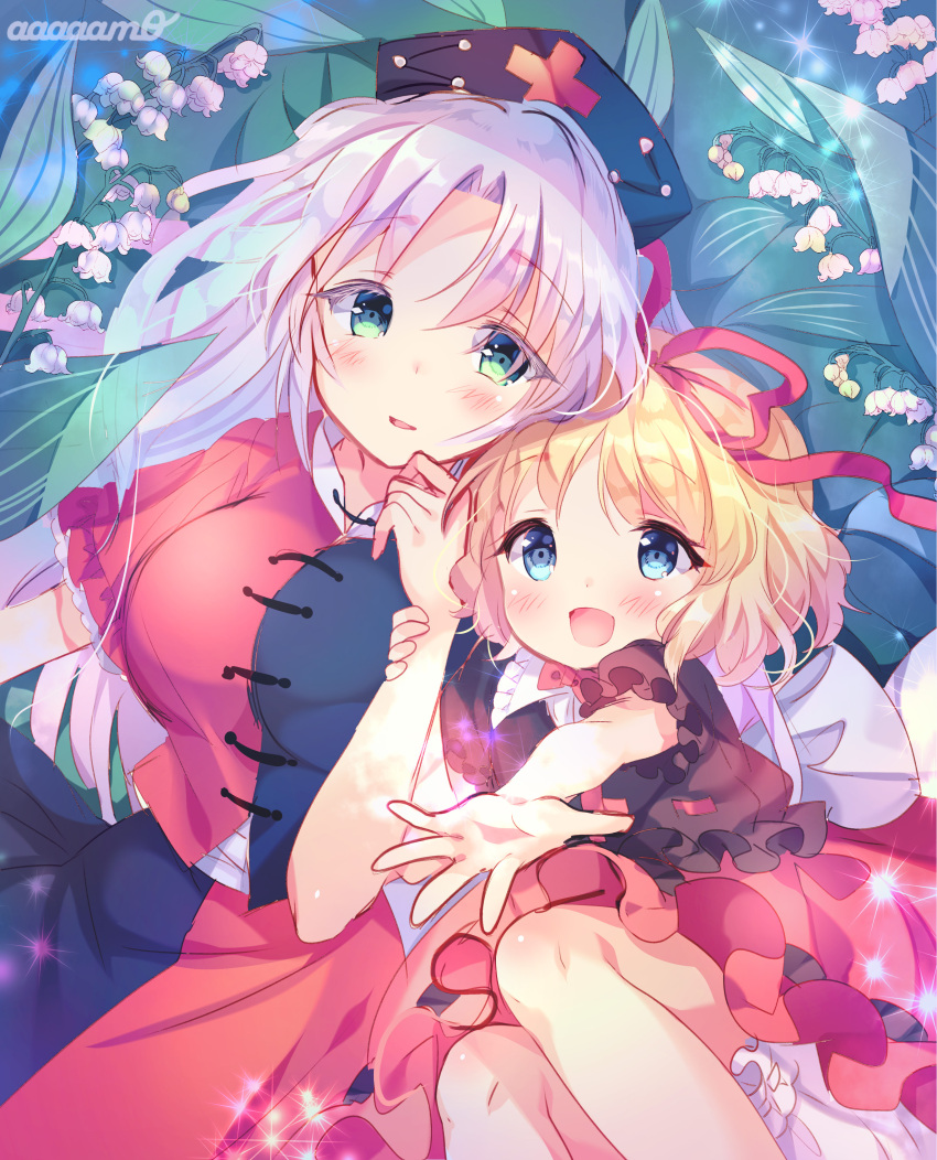 2girls :o absurdres amo artist_name black_shirt blonde_hair bloomers blue_background blue_eyes blush breasts commentary_request cowboy_shot eyebrows_visible_through_hair feet_out_of_frame floral_background flower green_eyes hair_ribbon hat head_tilt highres large_breasts leaf lily_of_the_valley long_hair looking_at_viewer medicine_melancholy multiple_girls nurse_cap open_hand outstretched_hand parted_lips puffy_short_sleeves puffy_sleeves red_ribbon red_skirt ribbon shirt short_hair short_sleeves silver_hair skirt skirt_set sparkle touhou two-tone_shirt two-tone_skirt underwear very_long_hair wrist_grab yagokoro_eirin