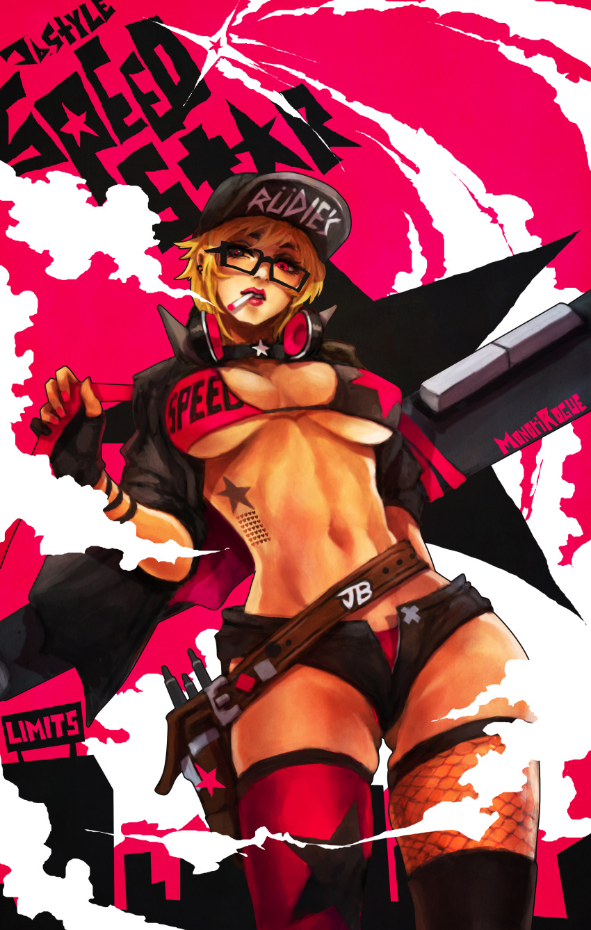 1girl absurdres ass_visible_through_thighs baseball_cap bikini_top black-framed_eyewear black_shorts blonde_hair breasts choker cigarette clothes_writing commentary english_commentary fingerless_gloves fishnet_legwear fishnets glasses gloves grey_eyes hat headphones headphones_around_neck heterochromia highres holster large_breasts lipstick makeup midriff mismatched_legwear monori_rogue navel open_fly original oversized_object panties pink_eyes pink_legwear pink_lips pink_panties popped_collar short_hair short_shorts shorts shrug_(clothing) smoke smoking solo star star_tattoo strap tattoo thigh-highs toned under_boob underwear