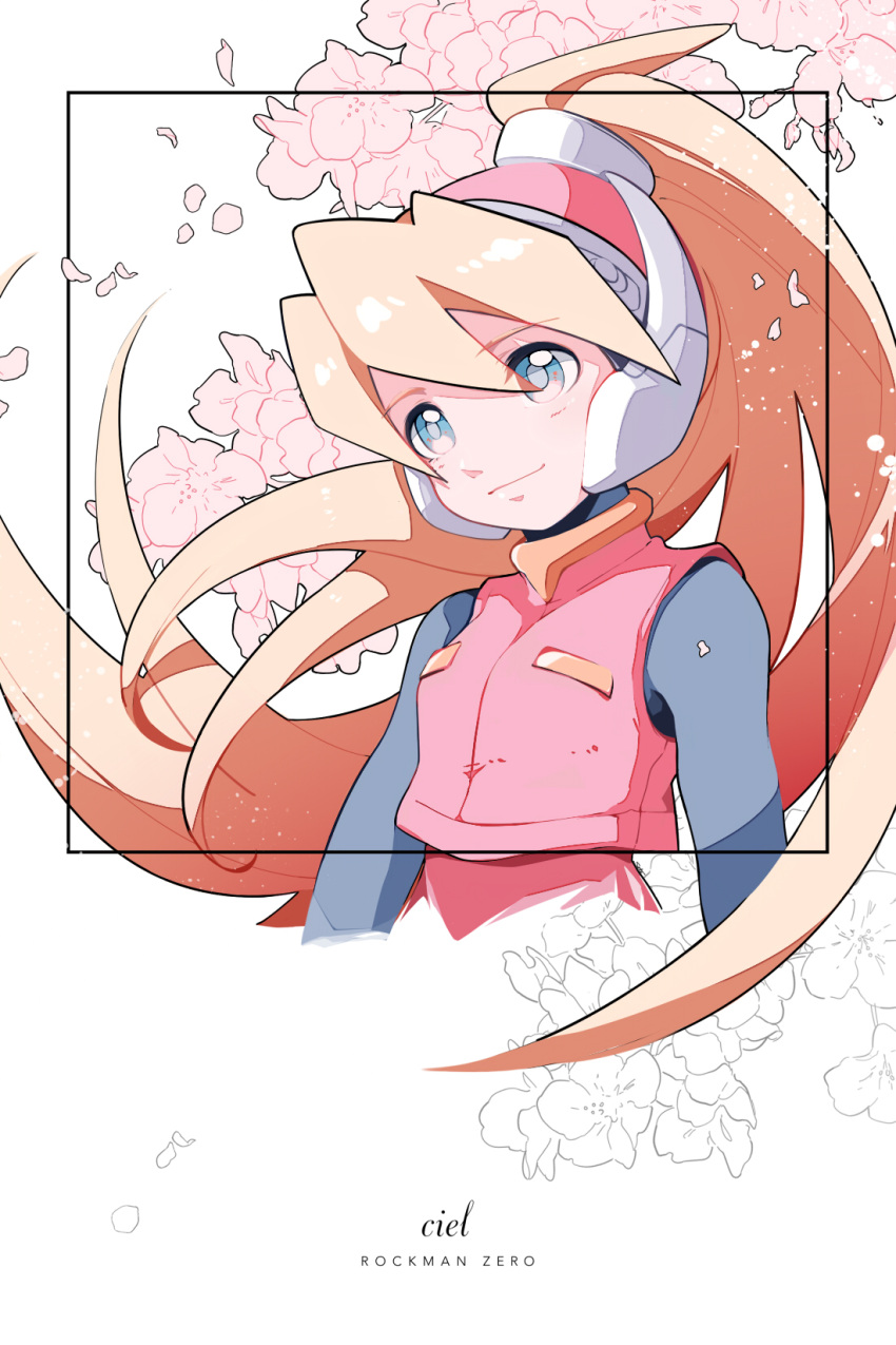 1girl bangs blonde_hair blue_eyes breasts character_name ciel_(rockman) commentary copyright_name cropped_torso floral_background flower hair_between_eyes headgear helmet high_ponytail highres long_hair ponytail rockman rockman_zero seto_(asils) small_breasts smile solo white_background