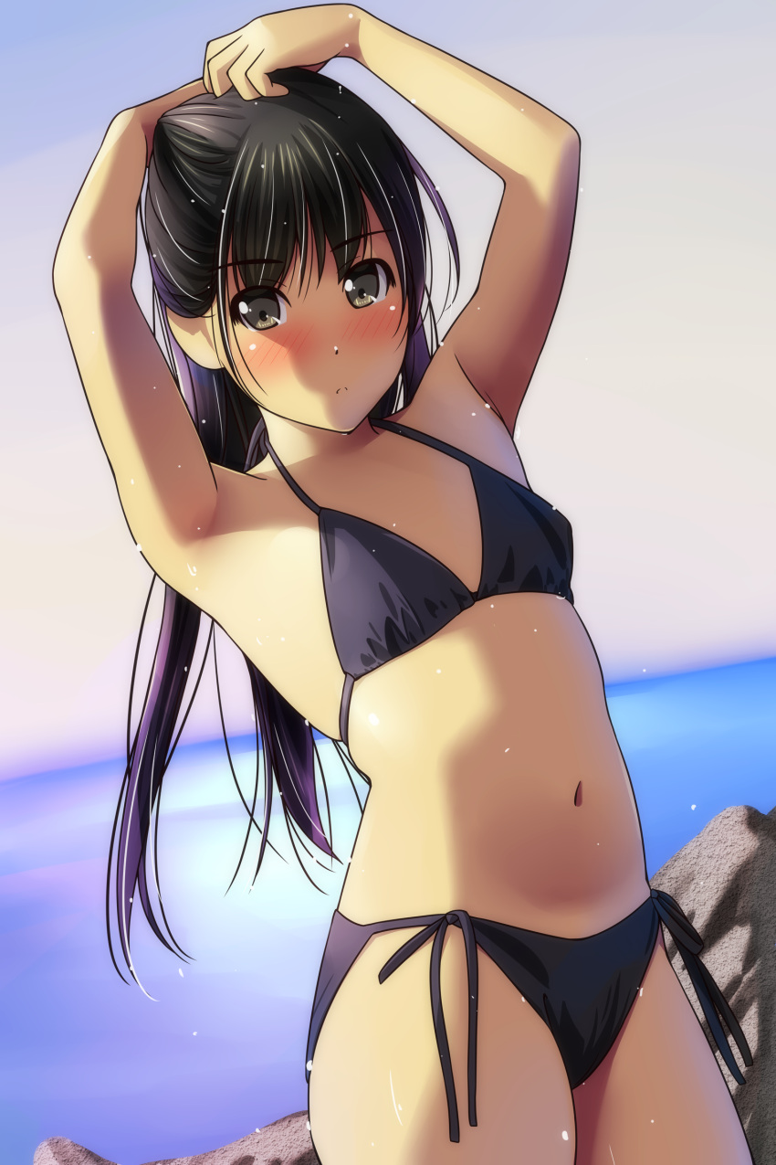 1girl absurdres arms_up bangs bare_arms bare_shoulders bikini black_bikini black_hair blush brown_eyes closed_mouth cowboy_shot day eyebrows_visible_through_hair hair_between_eyes highres horizon light_frown long_hair matsunaga_kouyou navel nose_blush ocean original outdoors side-tie_bikini sky solo swimsuit very_long_hair water