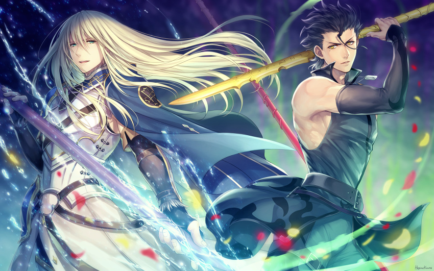 2boys black_hair black_sleeves blonde_hair blue_cape blue_eyes breastplate cape detached_sleeves dual_wielding fate/grand_order fate_(series) fionn_mac_cumhaill_(fate/grand_order) floating_hair hagino_kouta hair_between_eyes highres holding holding_spear holding_weapon lancer_(fate/zero) long_hair long_sleeves looking_at_viewer male_focus multiple_boys parted_lips polearm spear standing very_long_hair weapon yellow_eyes