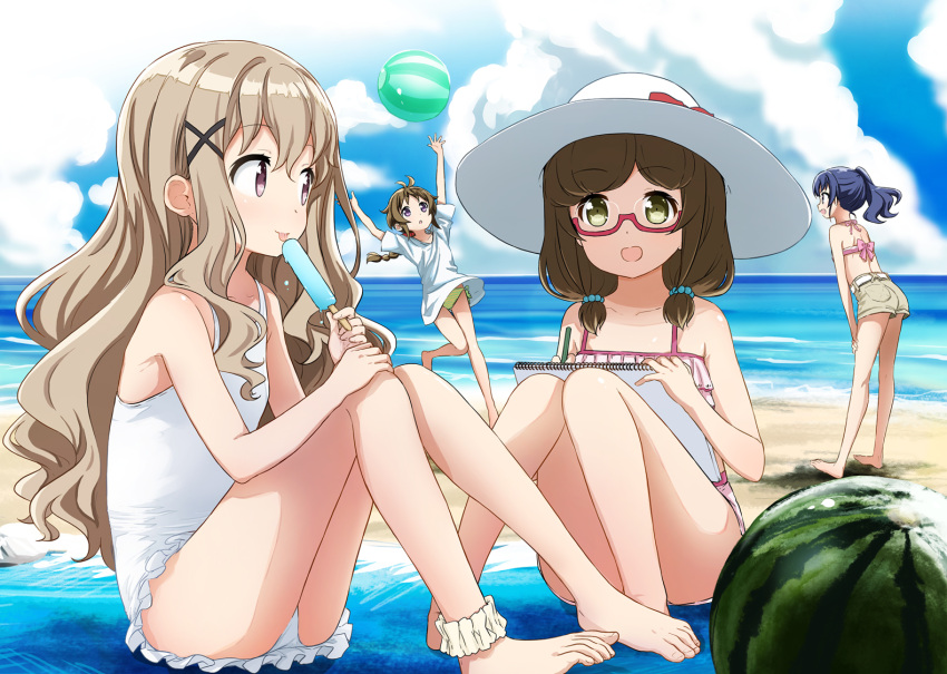 4girls :d abe_kanari alternate_costume ankle_cuffs aoki_momo arms_up ball beach beachball bikini_bottom blanket blue_eyes blue_hair blue_sky braided_ponytail brown_eyes brown_hair brown_shorts clouds collarbone commentary_request day eating food from_side fruit green_eyes hair_bobbles hair_ornament hands_on_own_thighs hat high_school_fleet holding_sketchbook horizon knees_together_feet_apart leaning_back leaning_forward light_brown_hair long_hair looking_at_another looking_up low_twintails multiple_girls ocean on_ground one-piece_swimsuit open_mouth outdoors pink_bikini_top pink_swimsuit ponytail popsicle red-framed_eyewear semi-rimless_eyewear shirt short_hair short_sleeves shorts sideways_glance sitting sketchbook sky smile standing sun_hat swimsuit t-shirt tongue tongue_out twintails uda_megumi under-rim_eyewear very_long_hair watermelon wazumi_hime white_shirt white_swimsuit x_hair_ornament yagi_tsugumi yellow_bikini_bottom