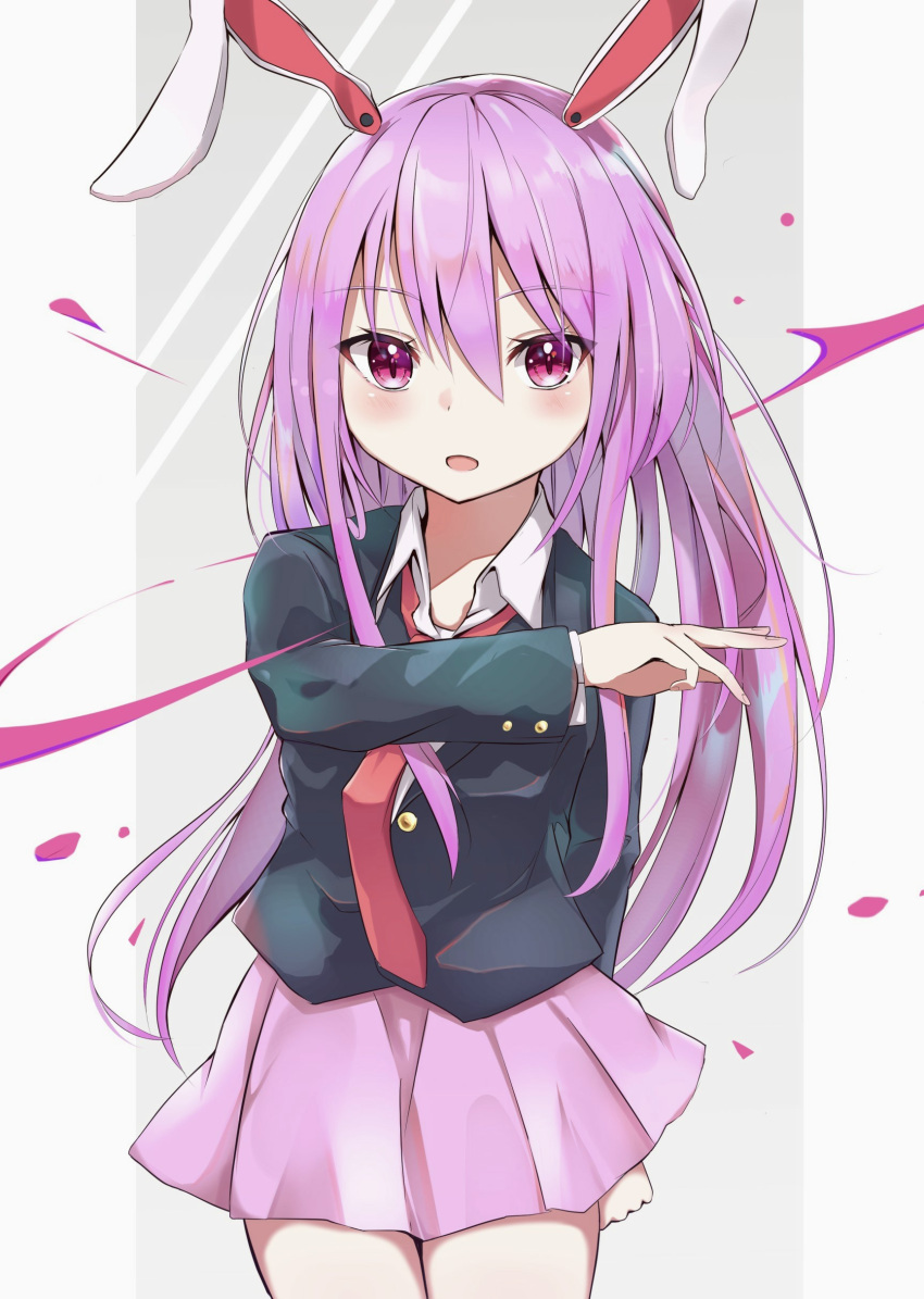 1girl absurdres alternate_eye_color animal_ears arm_behind_back arm_up blazer blush clenched_hand contrapposto cowboy_shot expressionless eyebrows_visible_through_hair grey_background hair_between_eyes highres iyo_(ya_na_kanji) jacket lavender_skirt long_hair long_sleeves looking_at_viewer loose_necktie miniskirt necktie open_mouth pleated_skirt purple_hair rabbit_ears red_neckwear reisen_udongein_inaba shirt simple_background skirt solo splatter standing touhou very_long_hair violet_eyes white_shirt wing_collar