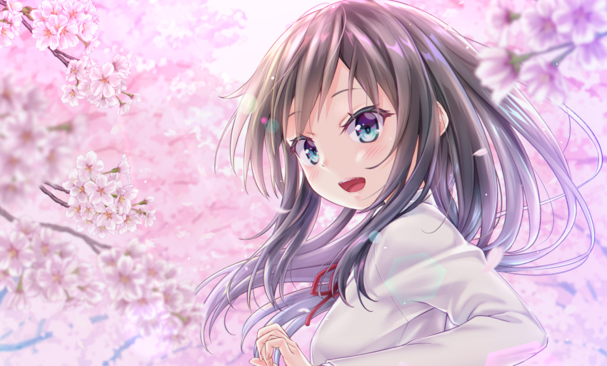 1girl :d asashio_(kantai_collection) black_hair blue_eyes blurry blush cherry_blossoms commentary_request depth_of_field floral_background gotou_hisashi hand_up highres kantai_collection long_hair long_sleeves looking_at_viewer neck_ribbon open_mouth petals red_neckwear remodel_(kantai_collection) ribbon shirt smile solo solo_focus white_shirt