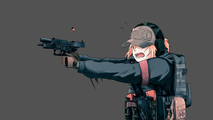 1girl armband backpack bag baseball_cap blonde_hair commentary ear_protection escape_from_tarkov gloves gun handgun hat highres holding holding_gun holding_weapon houtinti load_bearing_vest open_mouth original pistol simple_background solo weapon