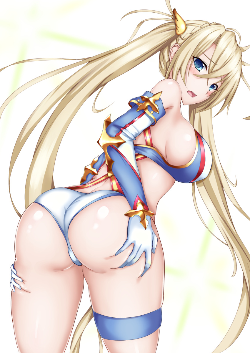 1girl ass back bangs bare_shoulders bikini blonde_hair blue_bikini blue_eyes blush bradamante_(fate/grand_order) braid breasts commentary_request crown_braid elbow_gloves fate/grand_order fate_(series) gloves hair_between_eyes hair_ornament highres large_breasts long_hair looking_at_viewer looking_back open_mouth raimosu sideboob simple_background solo swimsuit thigh_strap thighs twintails two-tone_bikini very_long_hair white_background white_bikini