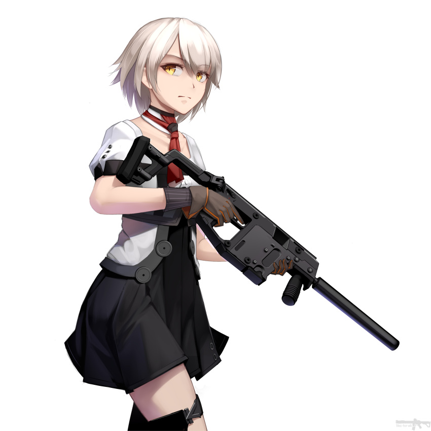 1girl absurdres artist_name bangs brown_eyes brown_gloves choker commentary cowboy_shot dress frown girls_frontline gloves grey_hair gun hair_over_one_eye highres holding holding_gun holding_weapon kriss_vector looking_to_the_side multicolored multicolored_clothes multicolored_dress red_neckwear serious short_hair short_sleeves solo standing submachine_gun suppressor vector_(girls_frontline) vectorek walking weapon white_background yellow_eyes
