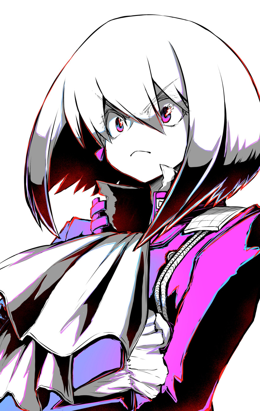 1boy absurdres black_gloves black_jacket cravat crossed_arms earrings frown gloves half_gloves highres jacket jewelry juugoya_(zyugoya) lio_fotia male_focus promare solo violet_eyes