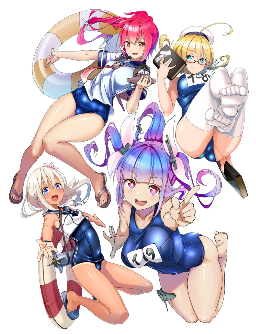 4girls ahoge ass bangs bare_legs bare_shoulders barefoot blonde_hair blue_eyes blue_hair blush book bracelet breasts closed_mouth collarbone commentary_request covered_navel crop_top eyebrows_visible_through_hair fang flip-flops flower full_body glasses hair_between_eyes hair_flower hair_ornament hair_ribbon hat highres holding i-168_(kantai_collection) i-19_(kantai_collection) i-8_(kantai_collection) innertube jewelry kantai_collection large_breasts legs lifebuoy long_hair looking_at_viewer low_twintails multiple_girls name_tag one-piece_swimsuit one-piece_tan open_mouth peaked_cap ponytail red-framed_eyewear red_eyes redhead ribbon ro-500_(kantai_collection) sailor_collar sailor_hat sandals school_swimsuit school_uniform semi-rimless_eyewear serafuku simple_background smile star star-shaped_pupils swimsuit swimsuit_under_clothes symbol-shaped_pupils tan tanline tatsu_shinomu thigh-highs thighs torpedo tri_tails twintails under-rim_eyewear white_background white_hair white_legwear