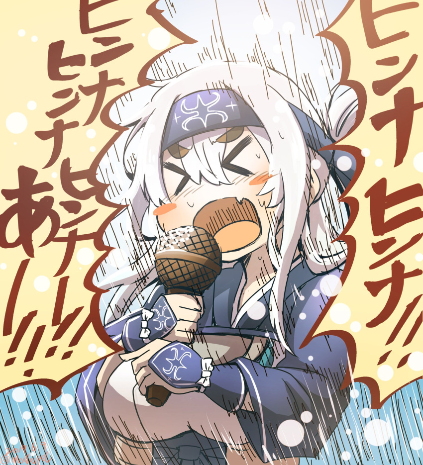 &gt;_&lt; 1girl ainu_clothes aoba_(akibajun) bandana breasts commentary_request cropped_jacket folded_ponytail headband highres kamoi_(kantai_collection) kantai_collection large_breasts microphone motion_lines music open_mouth sidelocks singing solo thick_eyebrows upper_body white_hair wrist_guards