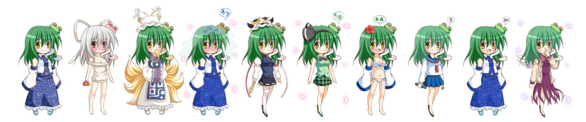 1girl :d alternate_costume alternate_eye_color alternate_hair_color bikini black_hair blush brown_hair chibi commentary_request cosplay detached_sleeves flower fox_tail frog_hair_ornament green_hair hair_flower hair_ornament hair_ribbon hairband hands_in_opposite_sleeves hat hat_with_ears highres japanese_clothes kishin_sagume kishin_sagume_(cosplay) kochiya_sanae long_hair long_image miko multiple_tails open_mouth osashin_(osada) ribbon rod_of_remorse school_uniform serafuku shiki_eiki shiki_eiki_(cosplay) smile snake_hair_ornament speech_bubble swimsuit tail touhou transparent_background variations white_bikini white_hair white_ribbon wide_image yakumo_ran yakumo_ran_(cosplay) yellow_eyes