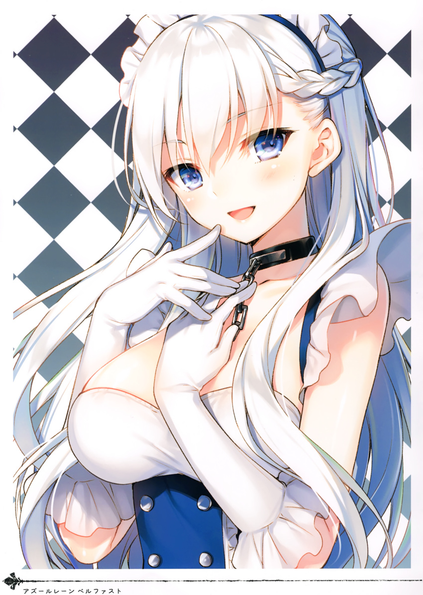 1girl absurdres azur_lane bangs belfast_(azur_lane) blue_eyes blush braid breasts buttons chain checkered checkered_background collar collarbone dress elbow_gloves eyebrows_visible_through_hair french_braid frills gloves hand_on_own_chest hands_up headdress highres long_hair looking_at_viewer maid maid_headdress medium_breasts open_mouth scan silver_hair simple_background sleeveless sleeveless_dress smile solo toosaka_asagi underbust upper_body white_gloves