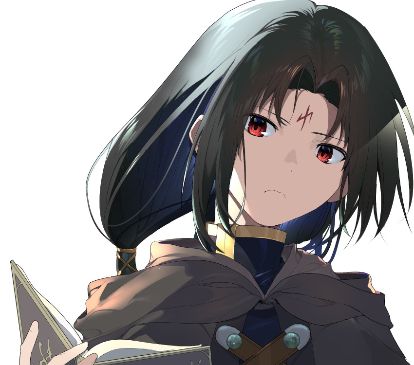 1boy black_hair book cape facial_mark fire_emblem fire_emblem:_souen_no_kiseki gloves highres long_hair male_focus red_eyes simple_background solo soren tdob_mk2 white_background