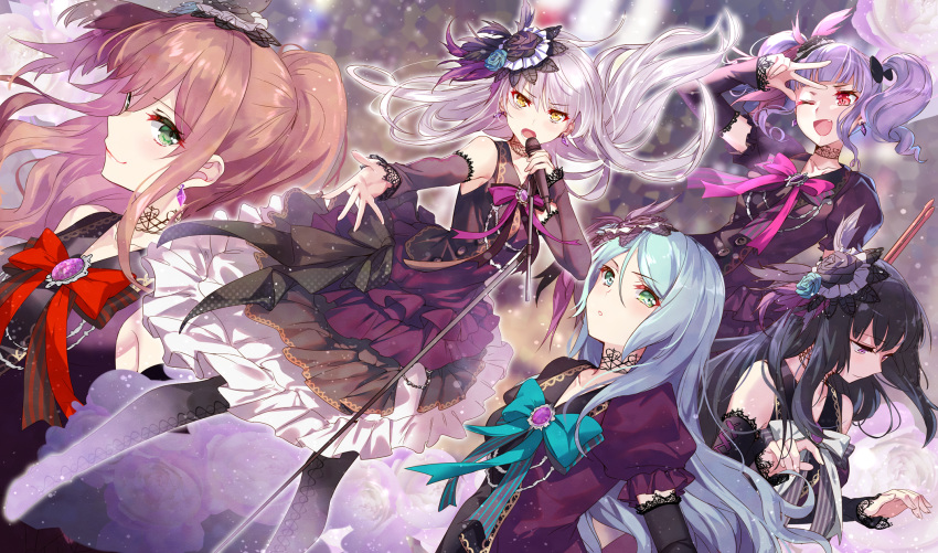 5girls aki663 aqua_hair bang_dream! bangs black_hair blue_hair blush bow brown_hair detached_sleeves dress eyebrows_visible_through_hair flower frilled_dress frills green_eyes hair_ornament highres hikawa_sayo imai_lisa long_hair looking_at_viewer microphone minato_yukina multiple_girls one_eye_closed open_mouth purple_hair red_eyes roselia_(bang_dream!) shirokane_rinko silver_hair smile twintails udagawa_ako violet_eyes yellow_eyes